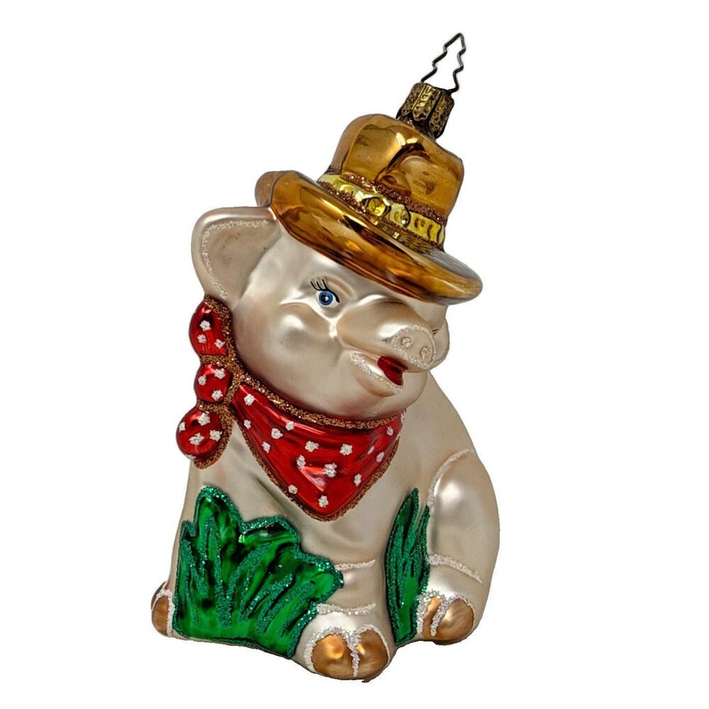 VTG Whitehurst Imports Glass Cowboy Pig German Christmas Ornament Tannenbaum Cap